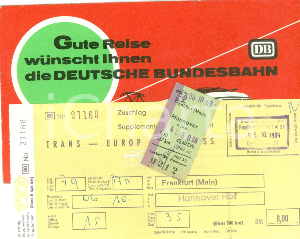 Oggetto da collezione cartaceo 1969 TRANSEUROPEXPRESS Biglietto ferroviario FRANKFURT  HANNOVER con ticket 1