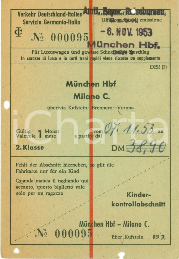 Oggetto da collezione cartaceo 1953 Servizio ferroviario GERMANIAITALIA Biglietto MUNCHENMILANO via BRENNERO 1
