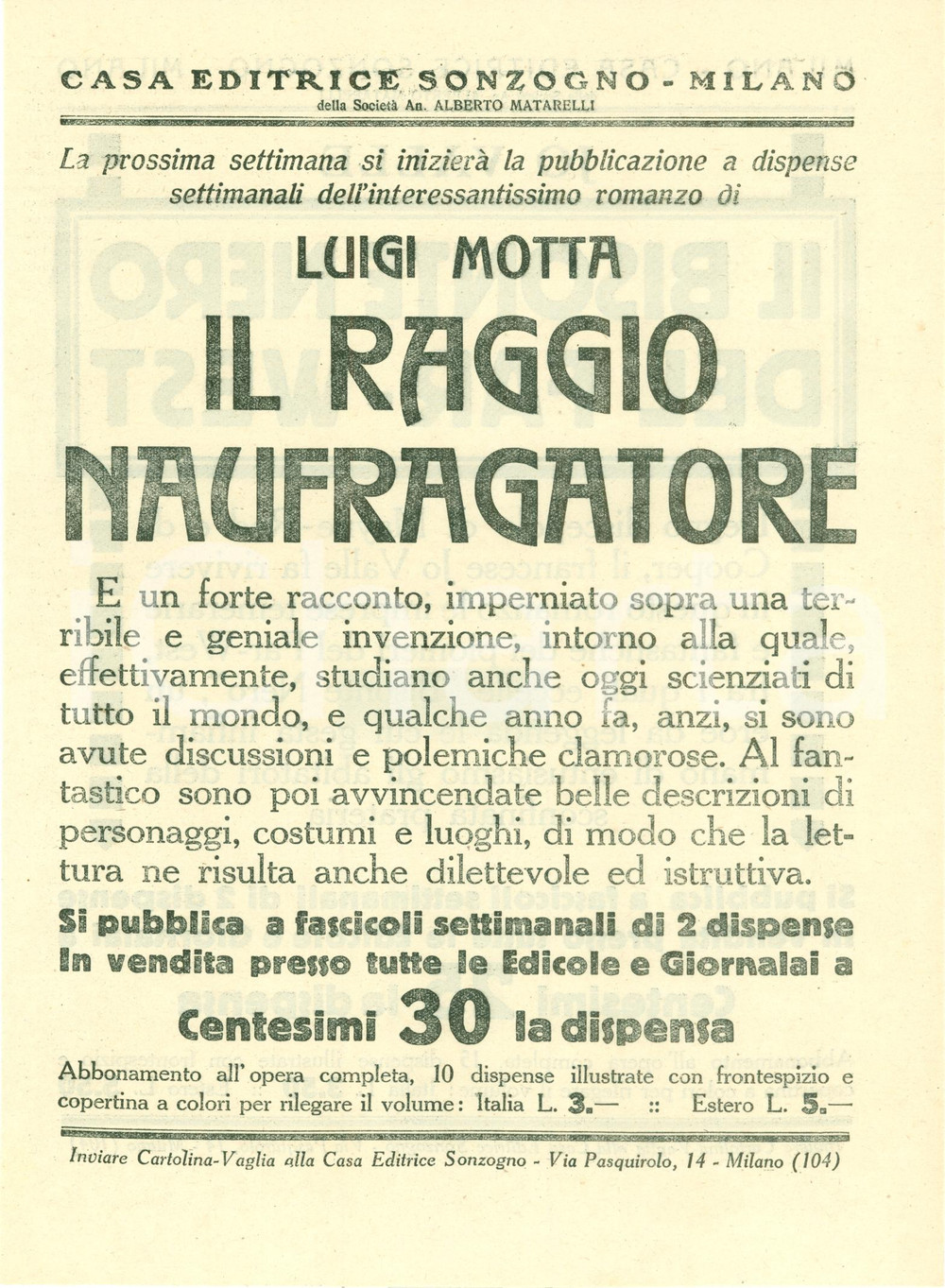 Oggetto da collezione cartaceo 1927 SONZOGNO Luigi MOTTA Il raggio naufragatore Volantino pubblicitario 1