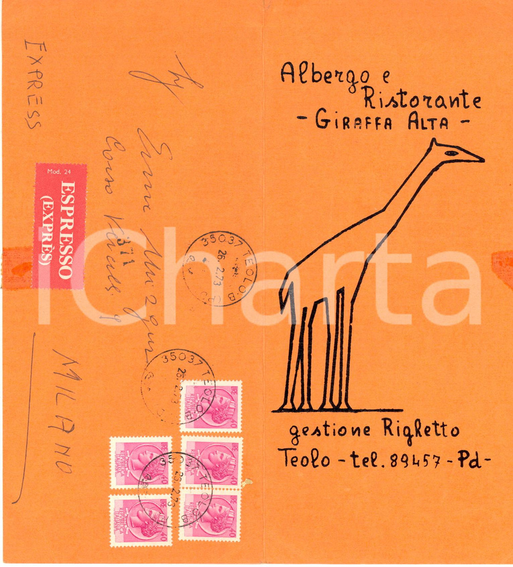 1973 TEOLO PD Ristorante GIRAFFA ALTA Menù nozze Giorgio FERRO Loredana TONDELLO