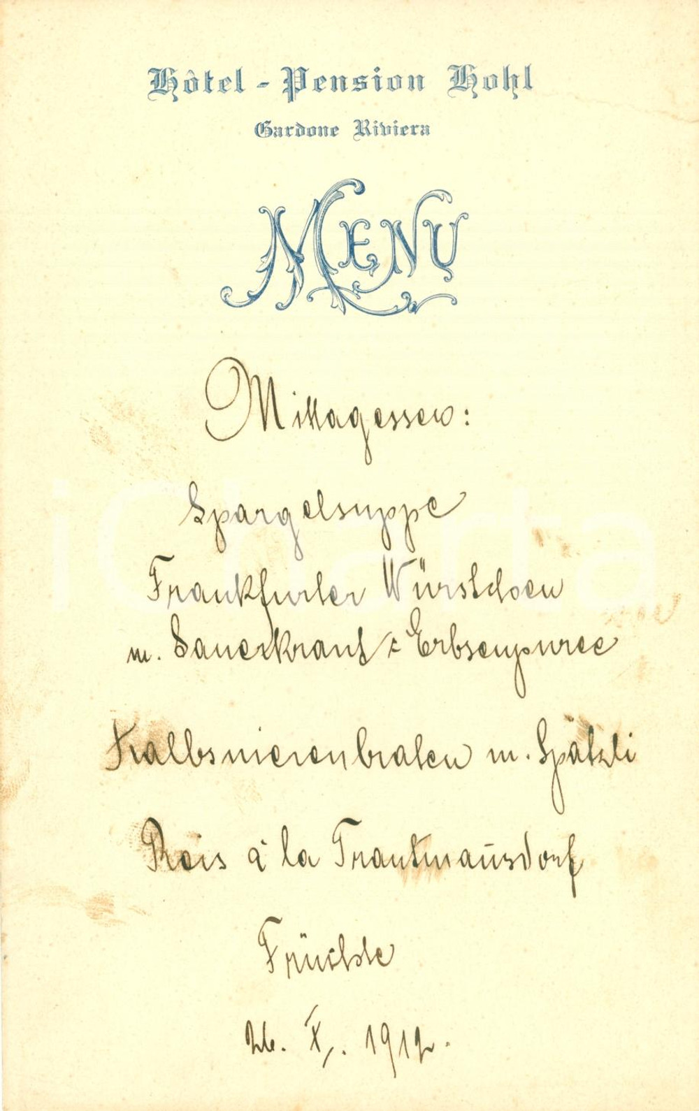 Oggetto da collezione cartaceo 1912 GARDONE RIVIERA BS MenÃ¹ Hotel Pension HOHL 1