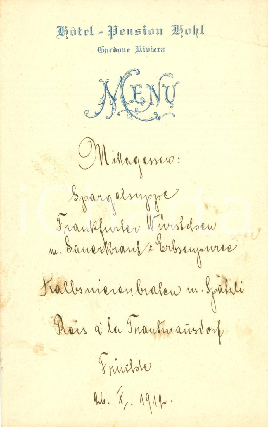 Oggetto da collezione cartaceo 1912 GARDONE RIVIERA BS Menù Hotel Pension HOHL 1