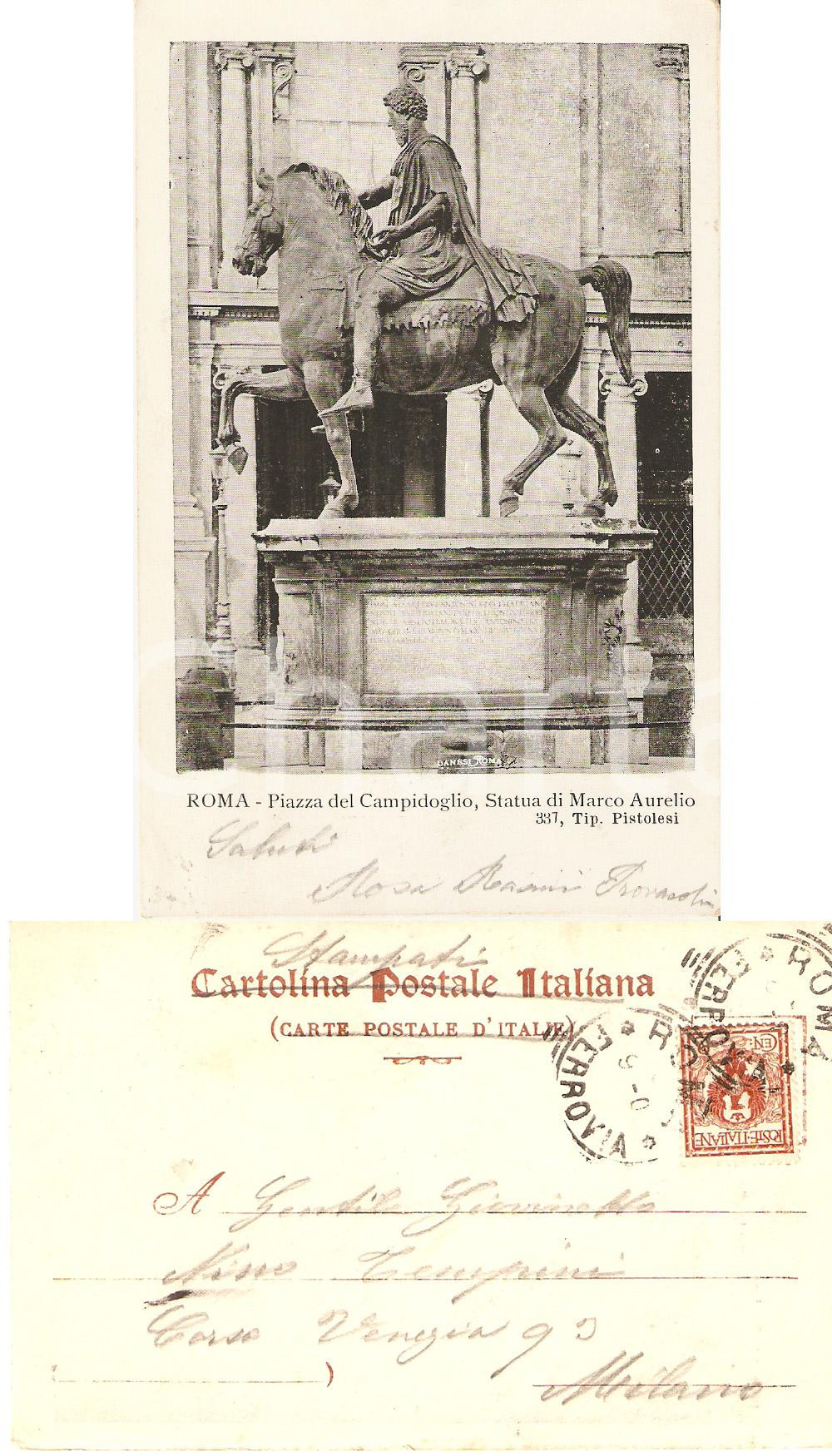 Autografo originale 1901 ROMA Statua Marco Aurelio Cartolina Rosa RASINI PROVASOLI 1