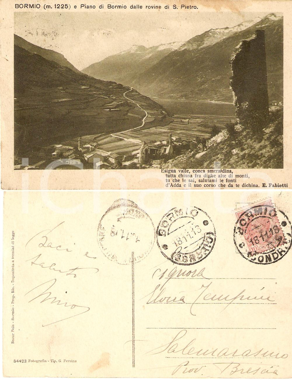 Autografo originale 1913 BORMIO SO Veduta dalle rovine di SAN PIETRO Cartolina Giacomo TEMPINI 1