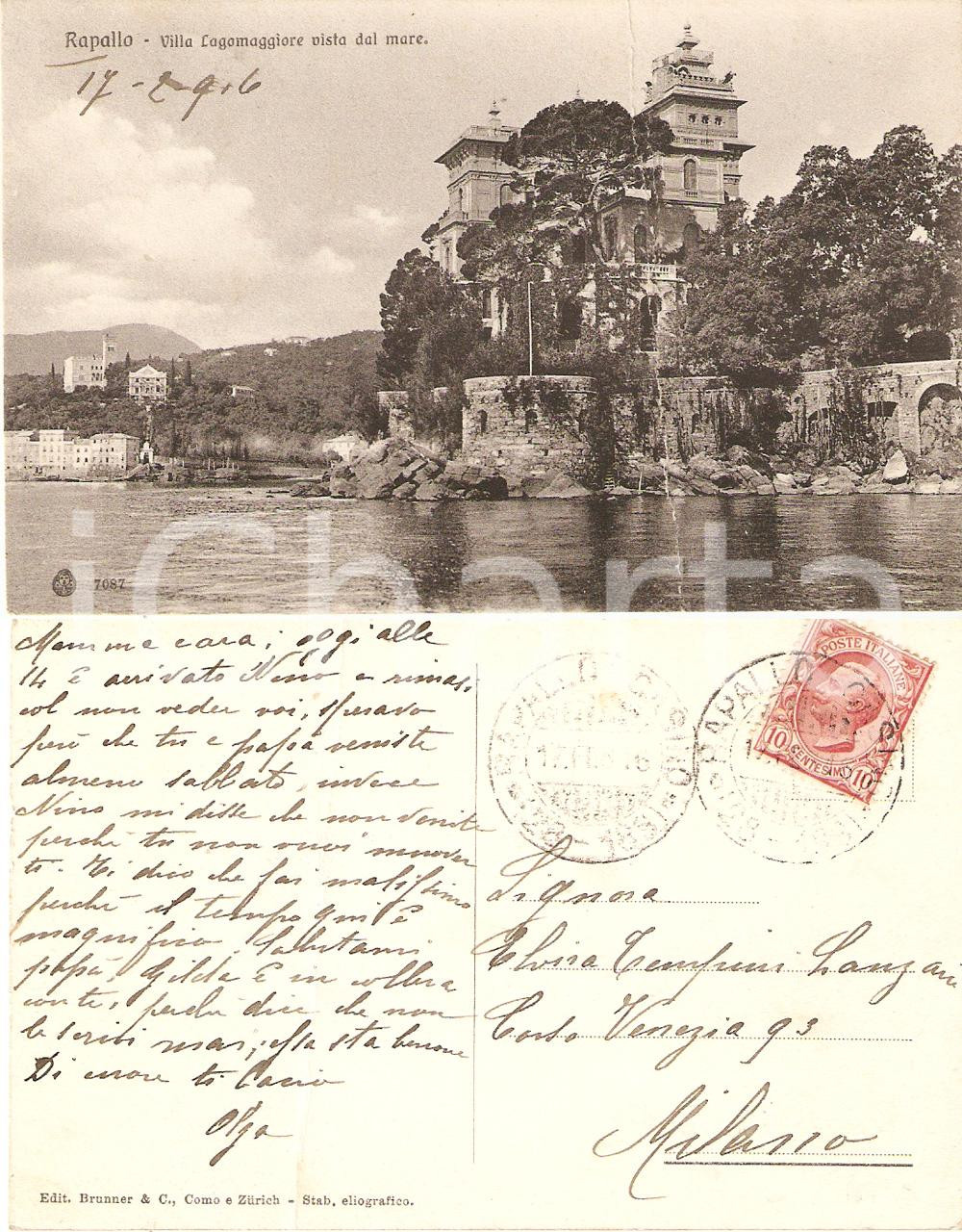 Autografo originale 1916 RAPALLO GE Villa LAGOMAGGIORE Cartolina Olga TEMPINI danneggiata 1