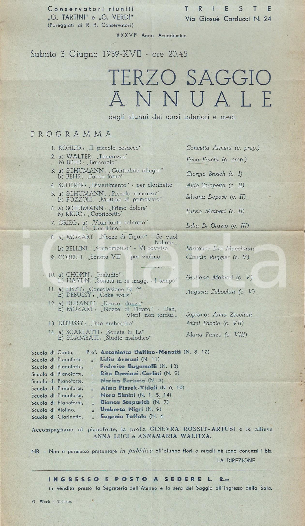Materiale pubblicitario d’epoca 1939 TRIESTE Saggio annuale Ateneo Musicale Triestino Programma 1