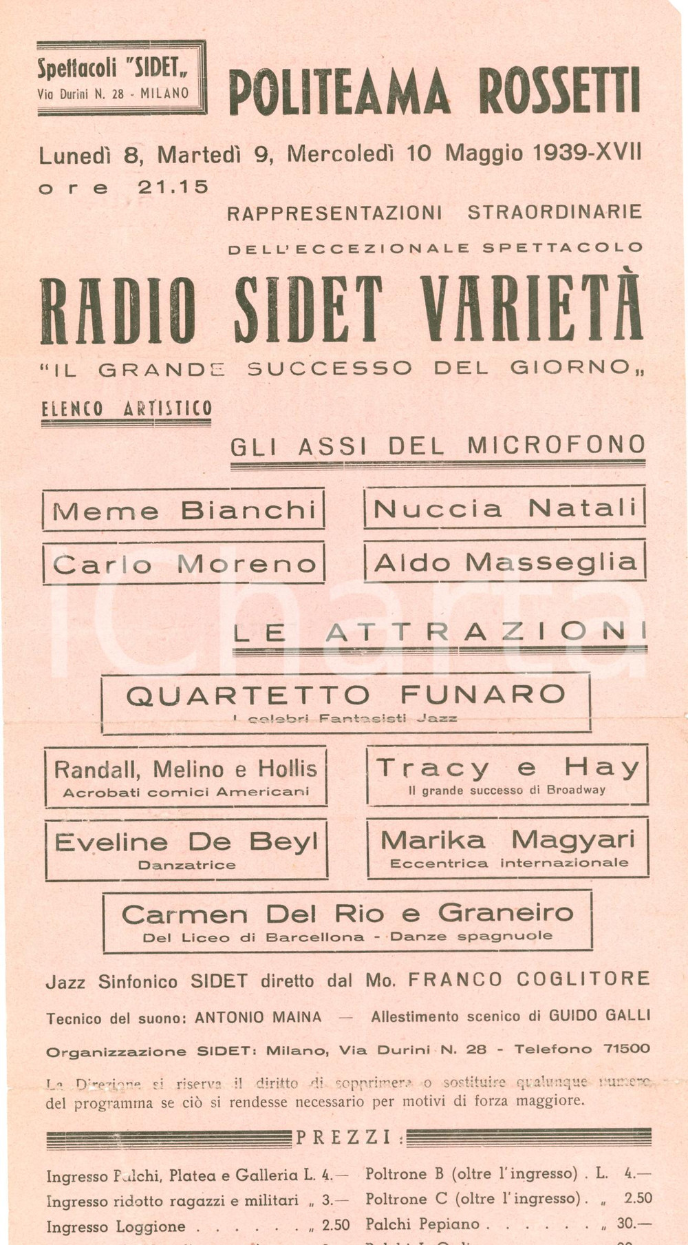Materiale pubblicitario d’epoca 1939 TRIESTE Radio SIDET varietà assi del microfono a Politeama ROSSETTI 1