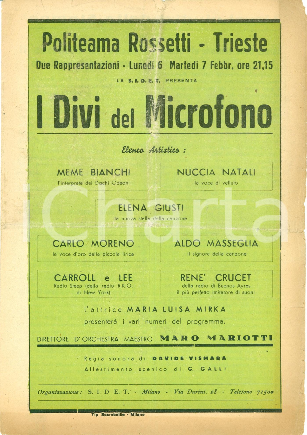Materiale pubblicitario d’epoca 1939 TRIESTE Concorso canzonette popolari Politeama ROSSETTI Programma 1
