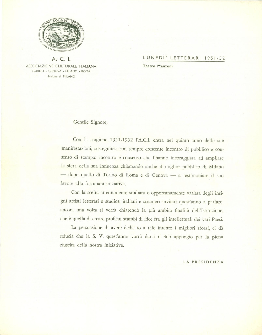 Materiale pubblicitario d’epoca 1951 MILANO Associazione Culturale Italiana Programma lunedÃ¬ letterari Lettera 1