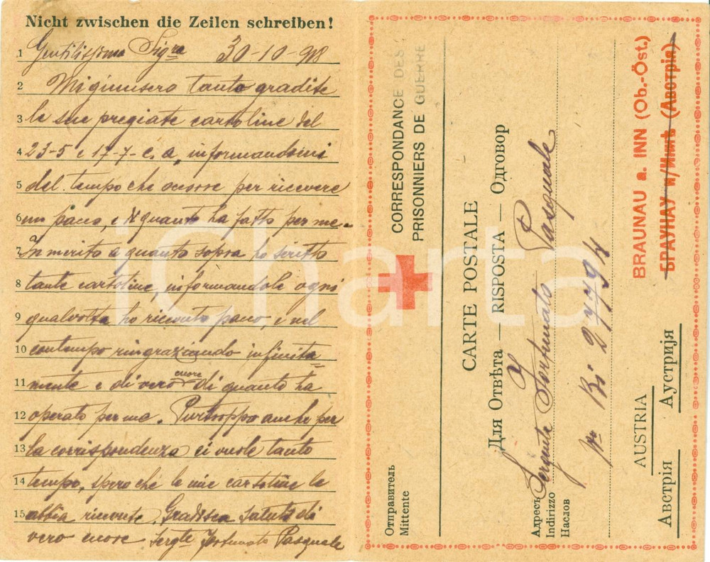 Documento originale, autentico 1918 BRAUNAU AM INN AU Croce Rossa Serg. Pasquale FORTUNATO Gemma DE DANINOS 1