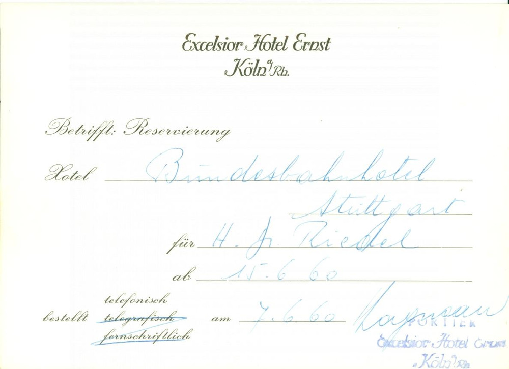 Oggetto da collezione cartaceo 1960 KOLN DE Excelsior Hotel ERNST Prenotazione BUNDESBAHN Hotel STUTTGART 1