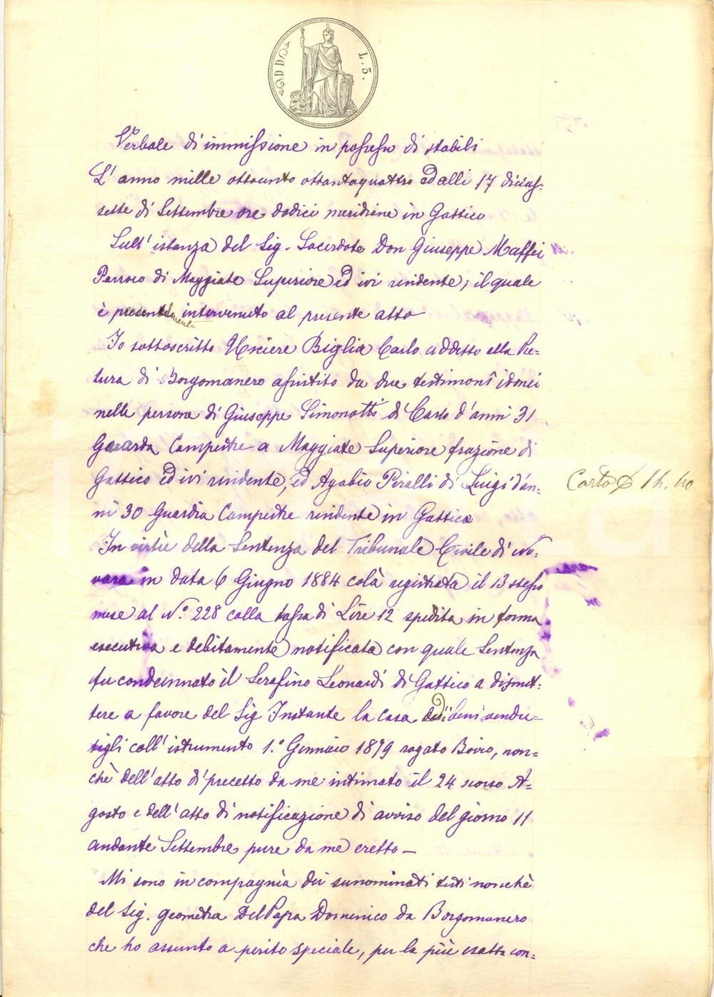 Documento originale, autentico 1884 GATTICO NO Immissione in possesso Don Giuseppe MAFFEI beni DOMOGRANDE 1
