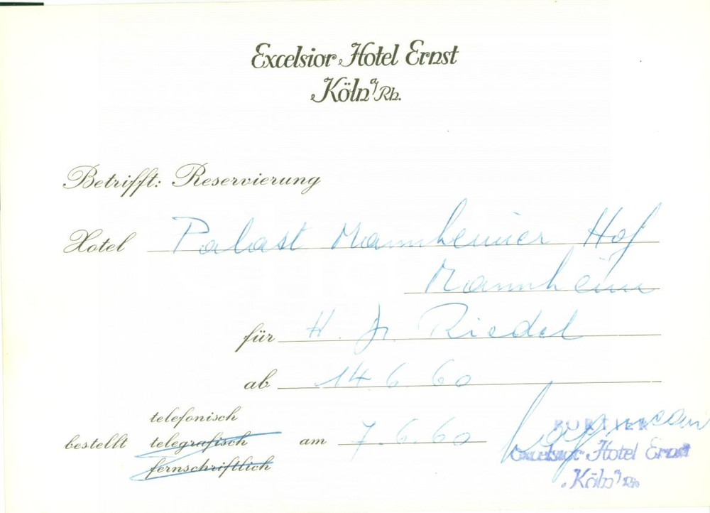 Oggetto da collezione cartaceo 1960 KOLN DE Excelsior Hotel ERNST Prenotazione PALAST MANNHEIMER  HOF 1