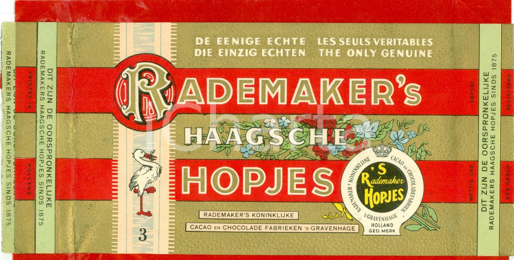 Materiale pubblicitario d’epoca 1940 ca OLANDA Cioccolato RADEMAKER S Haagsche Hopjes Confezione ILLUSTRATA 1