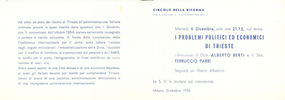 Oggetto da collezione cartaceo 1955 MILANO CIRCOLO STAMPA Ferruccio PARRI Conferenza problemi Trieste INVITO 1