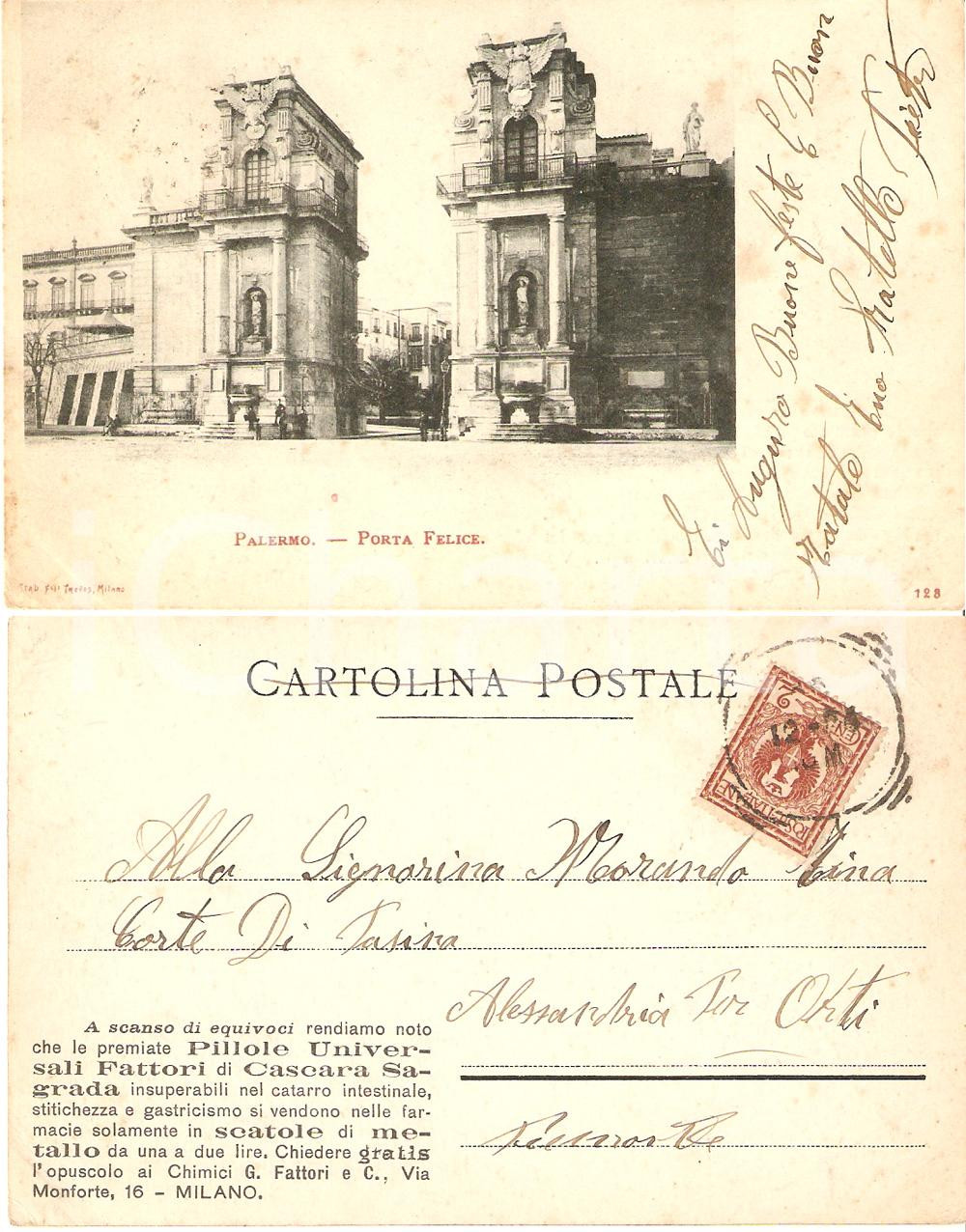 Cartolina originale da collezione 1904 PALERMO Porta FELICE Pillole Universali FATTORI CASCARA SAGRADA Cartolina 1