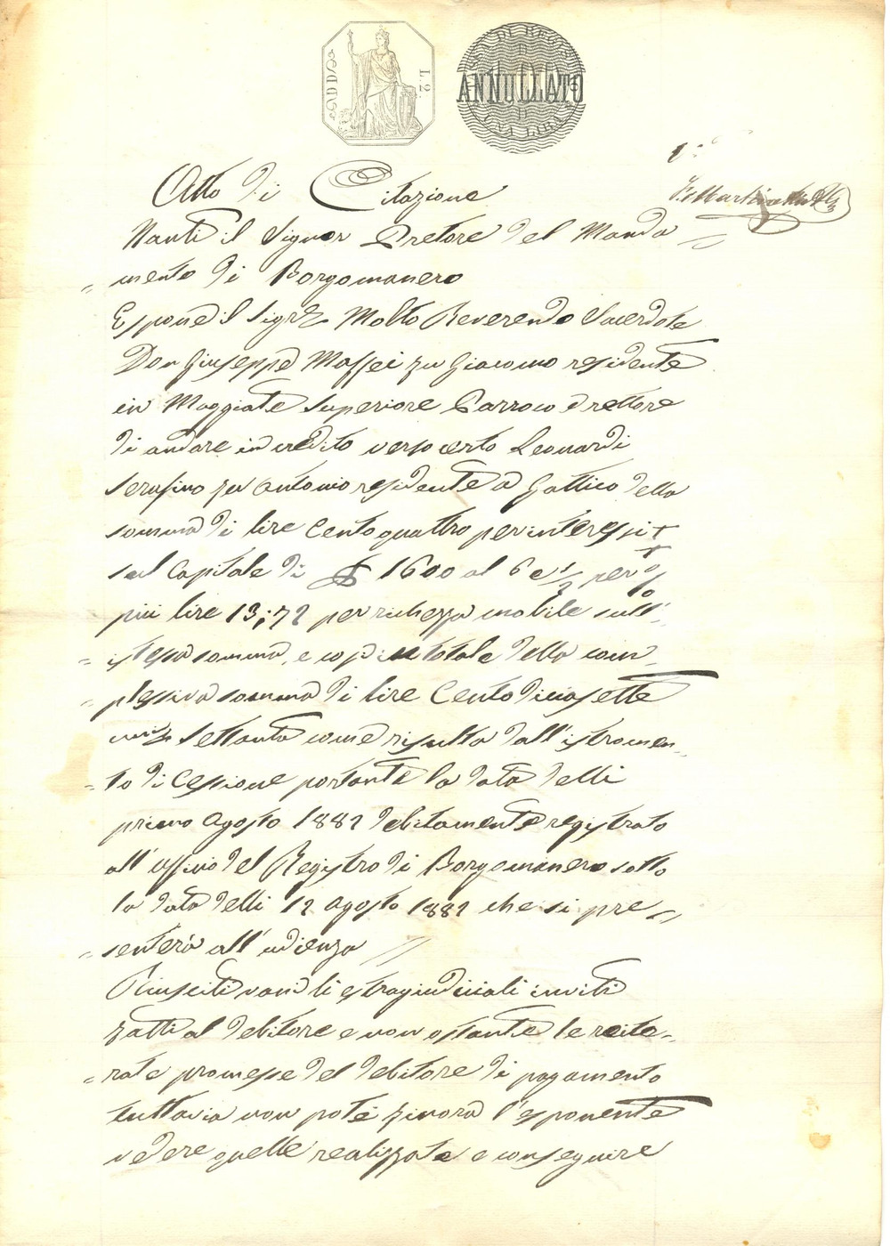 Documento originale, autentico 1884 GATTICO NO Don Giuseppe MAFFEI cita Serafino LEONARDI per debiti 1