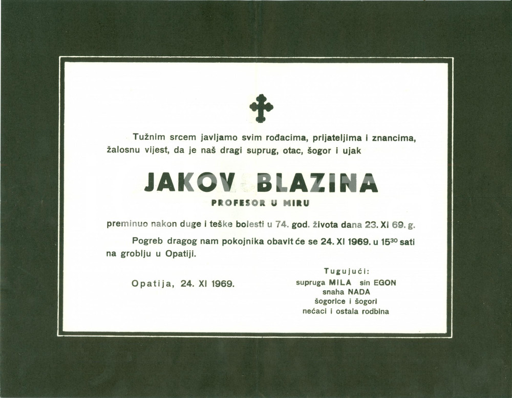 Oggetto da collezione cartaceo 1969 OPATIJA / ABBAZIA CROAZIA In morte di Jakov BLAZINA profesor u miru 1