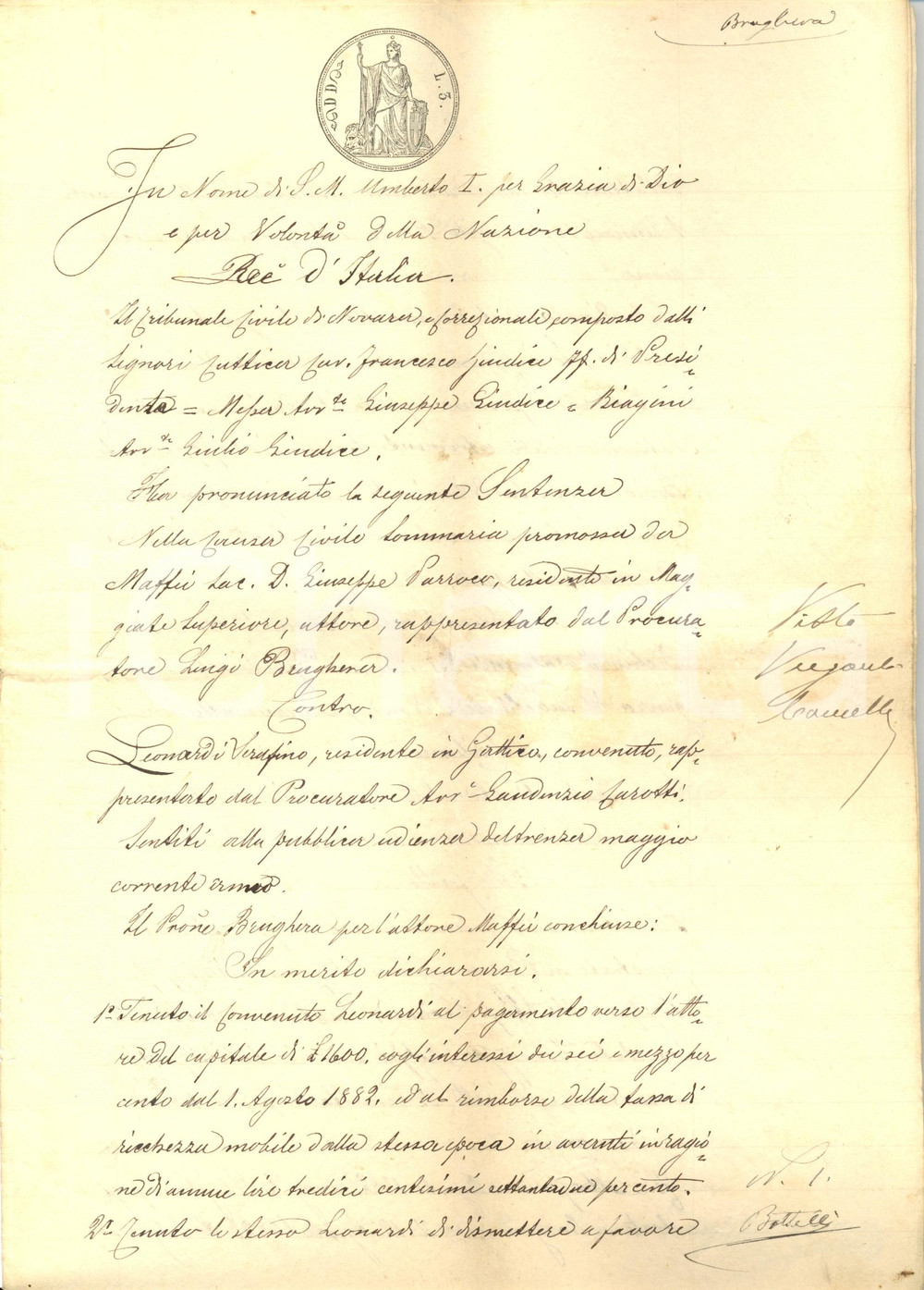 Documento originale, autentico 1884 GATTICO NO Condanna Serafino LEONARDI per debiti vs don Giuseppe MAFFEI 1