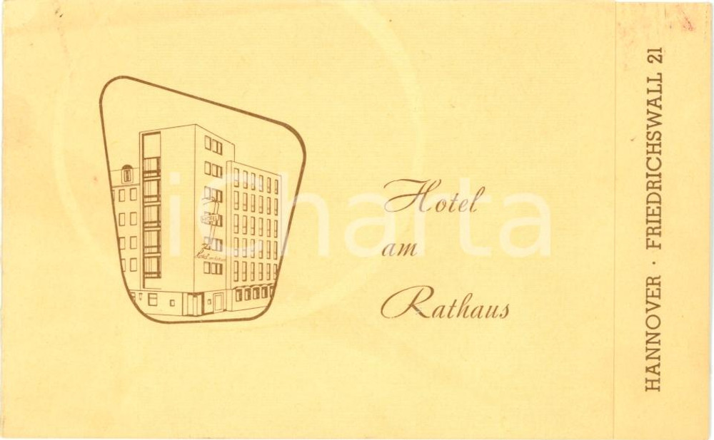 Materiale pubblicitario d’epoca 1955 ca HANNOVER DE Biglietto Hotel AM RATHAUS illustrato 1