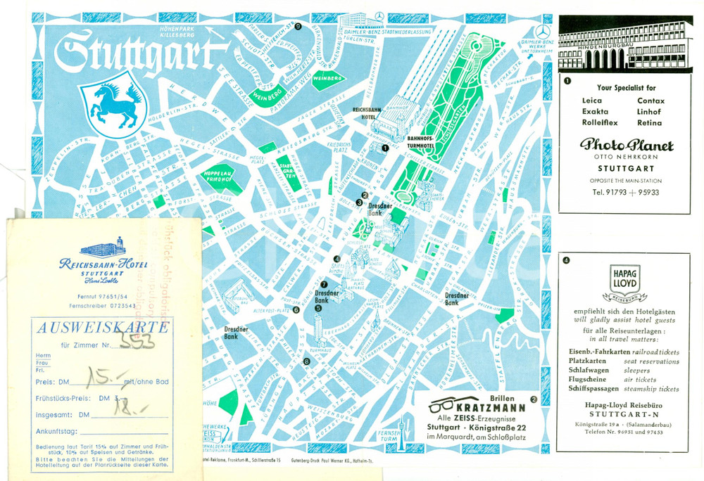 Materiale pubblicitario d’epoca 1955 ca STUTTGART DE Hotel REICHSBAHN Pieghevole con MAPPA pubblicità Opuscolo 1