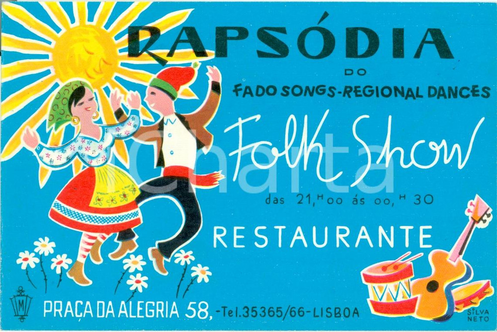 Materiale pubblicitario d’epoca 1955 ca LISBOA Restaurante RAPSODIA Fado songs Music Dance ILLUSTRATO Opuscolo 1