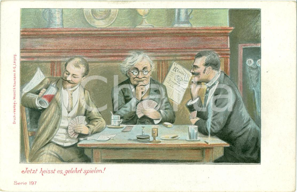 Cartolina originale da collezione 1900 ca GIOCATORI DI CARTE Ora sÃ¬ che si gioca col cervello ILLUSTRATA Cartolina 1