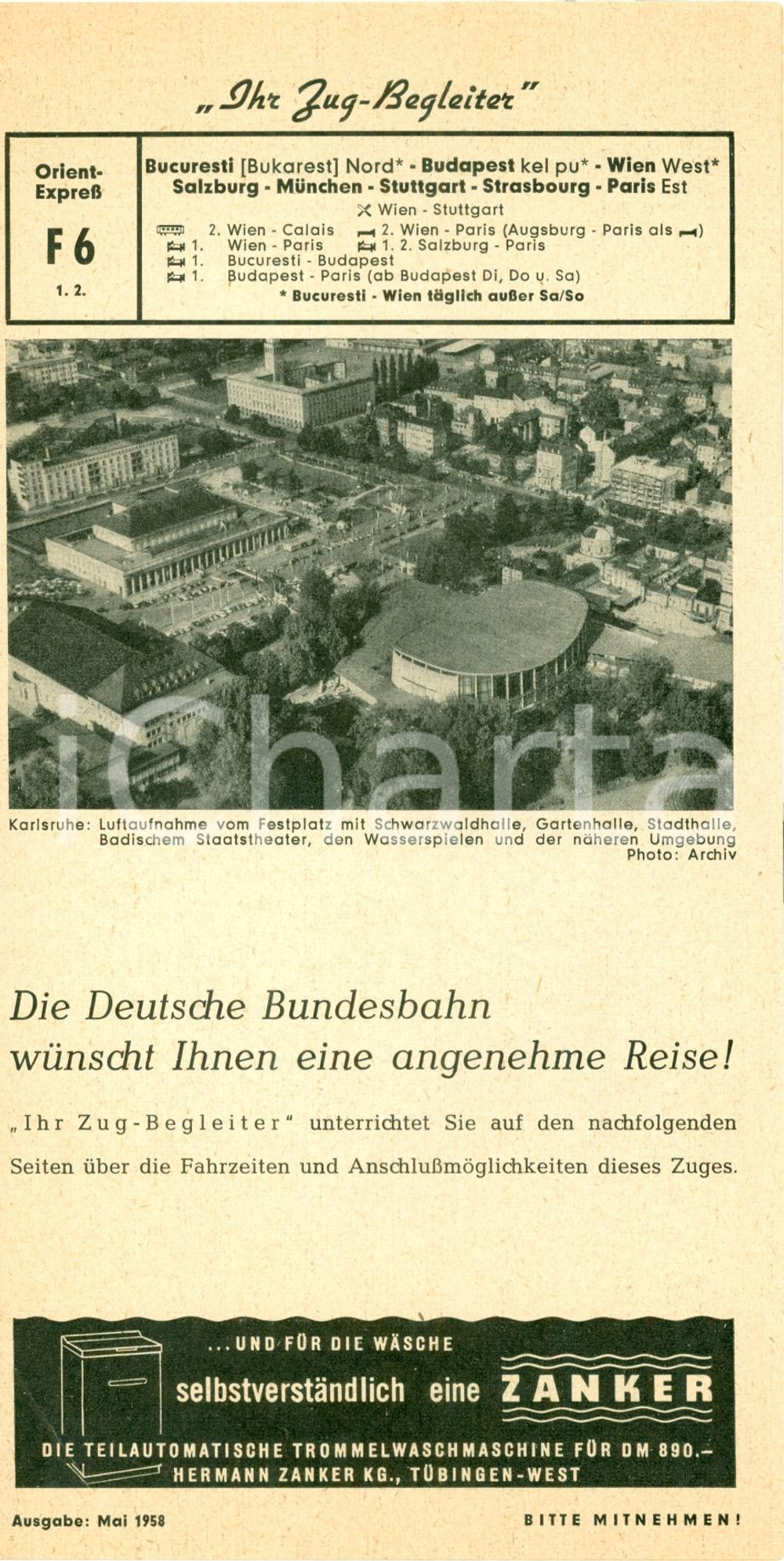 Materiale pubblicitario d’epoca 1958 ORIENT EXPRESS Tratta ferroviaria da BUCAREST a PARIS EST Opuscolo 1