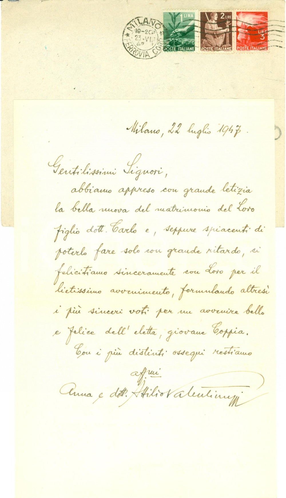 Manoscritto, lettera originale 1947 MILANO RAS Attilio VALENTINUZZI su matrimonio Carlo RIEDEL Autografo 1