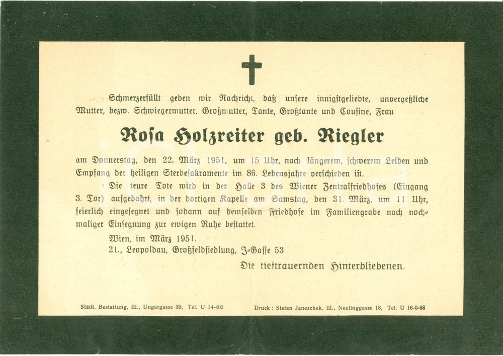 Oggetto da collezione cartaceo 1951 WIEN AU Annuncio morte Rosa HOLZREITER nata RIEGLER Biglietto 1