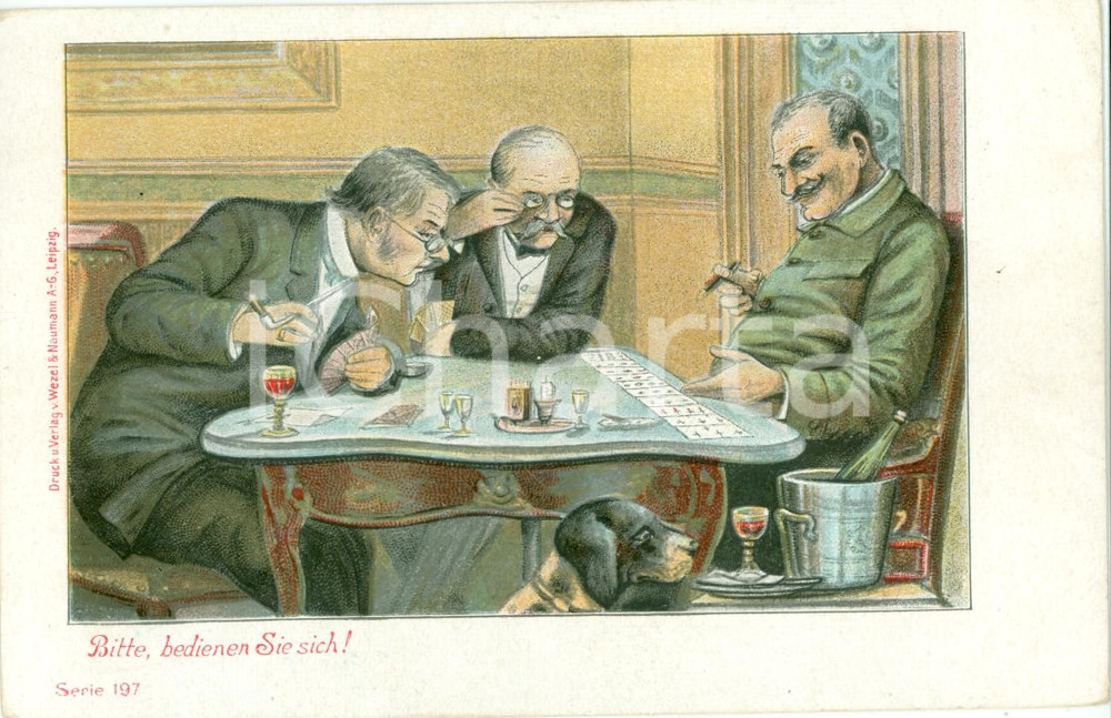 Cartolina originale da collezione 1900 ca GIOCATORI DI CARTE Prego, servitevi! ILLUSTRATA Cartolina FP NV 1