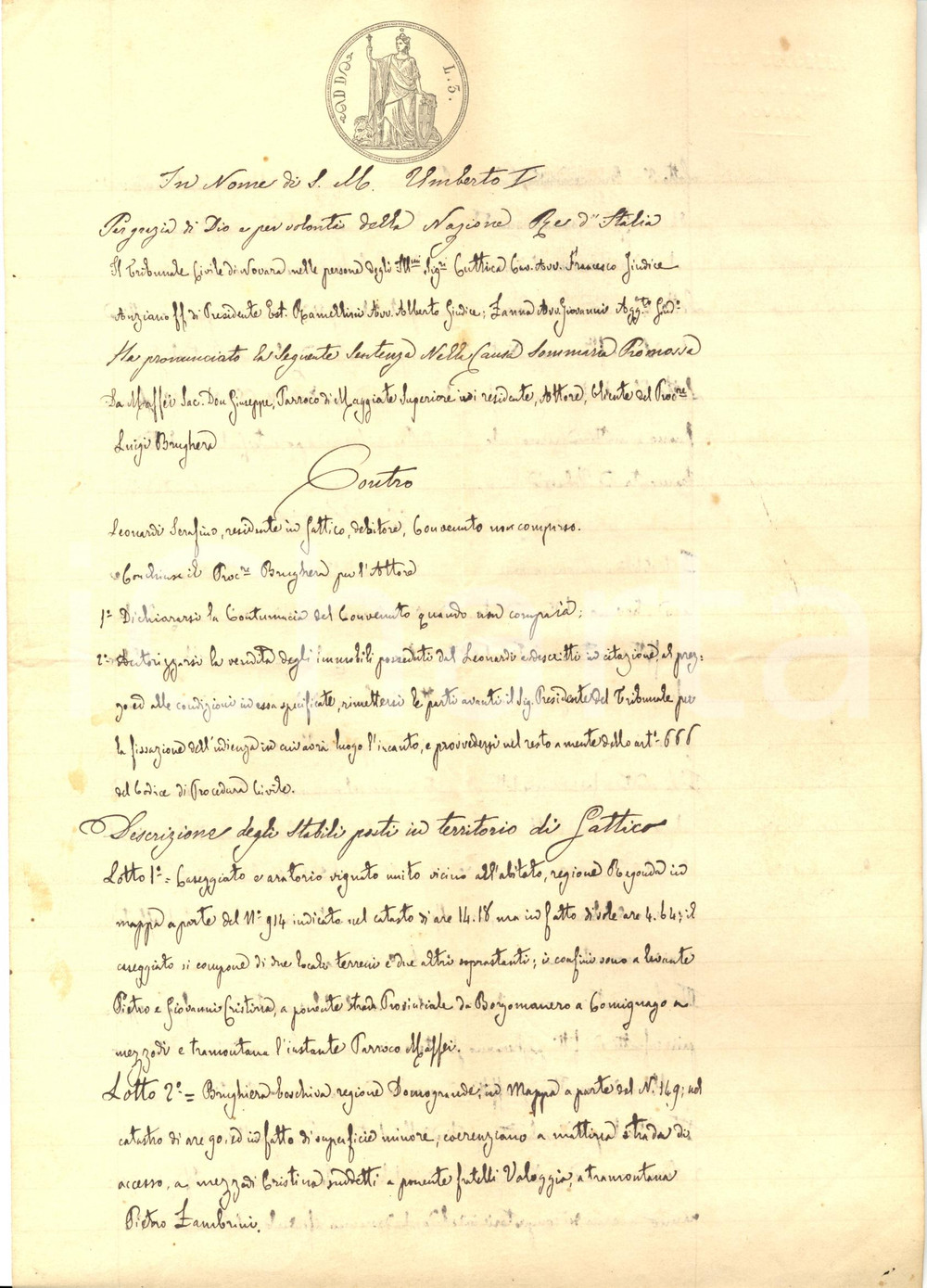 Documento originale, autentico 1885 GATTICO NO Vendita casa e brughiera Serafino LEONARDI per debiti 1