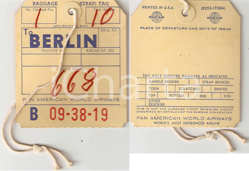Oggetto da collezione cartaceo 1955 ca PAN AMERICAN WORLD AIRWAYS Luggage ticket BERLIN 1