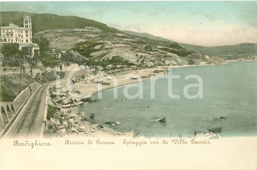 Cartolina originale da collezione 1900 ca BORDIGHERA IM Spiaggia con Villa GARNIER FP NV 1