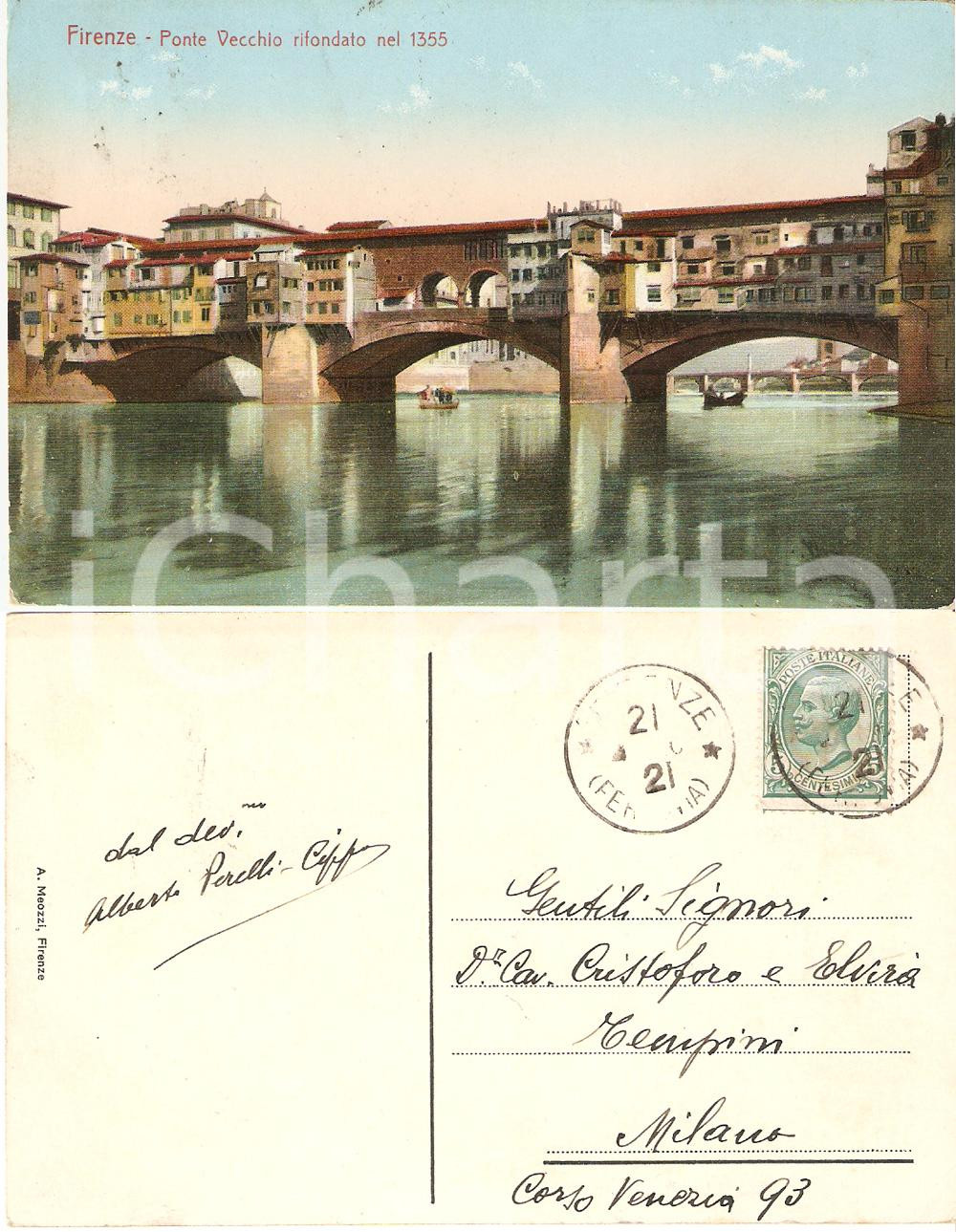 Autografo originale 1921 FIRENZE Ponte Vecchio Cartolina Alberto PERELLI CIPPO a Cristoforo TEMPINI 1