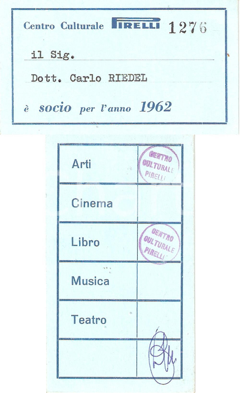 Oggetto da collezione cartaceo 1962 MILANO Tessera CENTRO CULTURALE PIRELLI 1