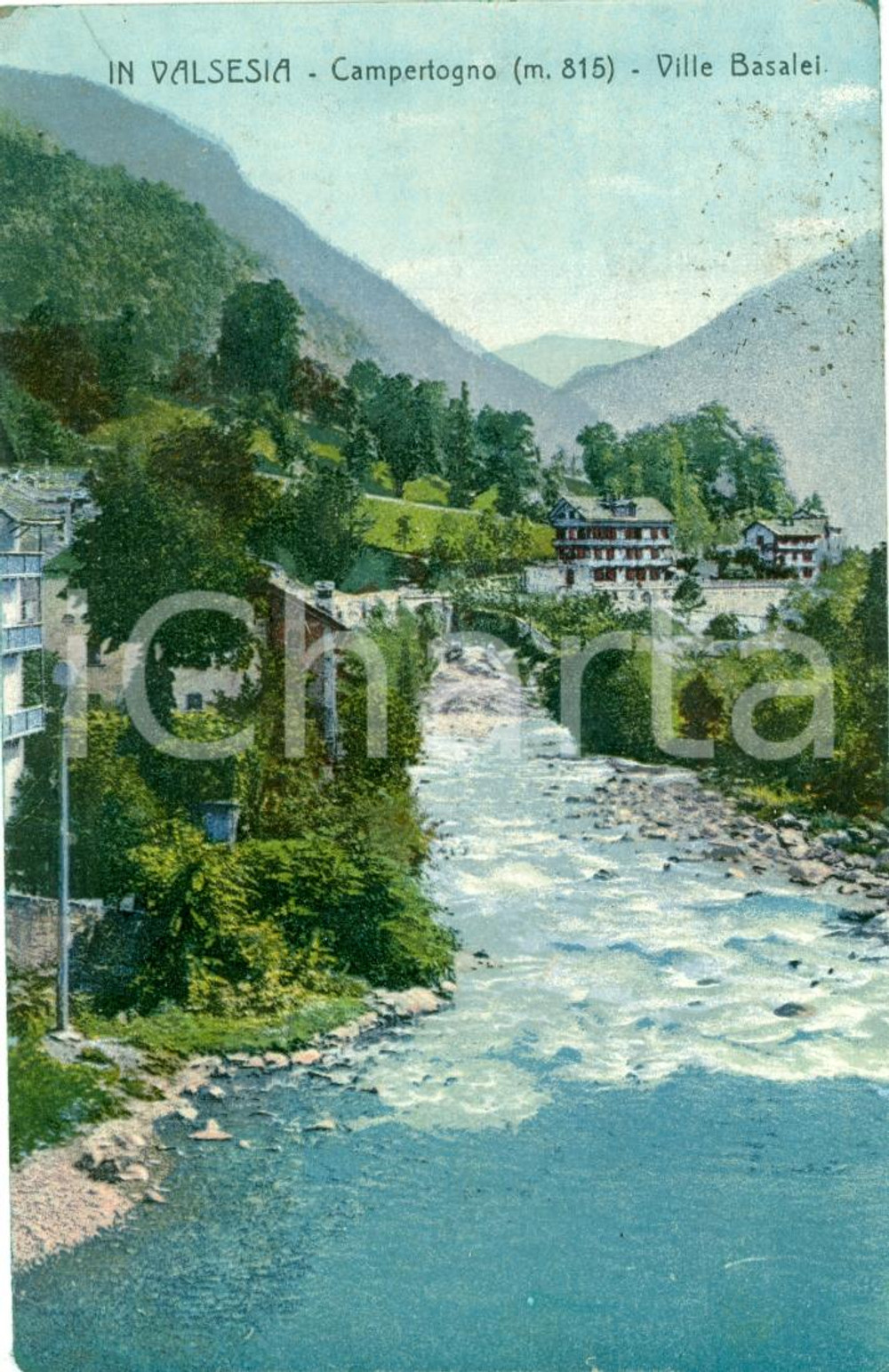 Cartolina originale da collezione 1920 CAMPERTOGNO VC Case sul torrente BASALEI Cartolina colori FP VG 1