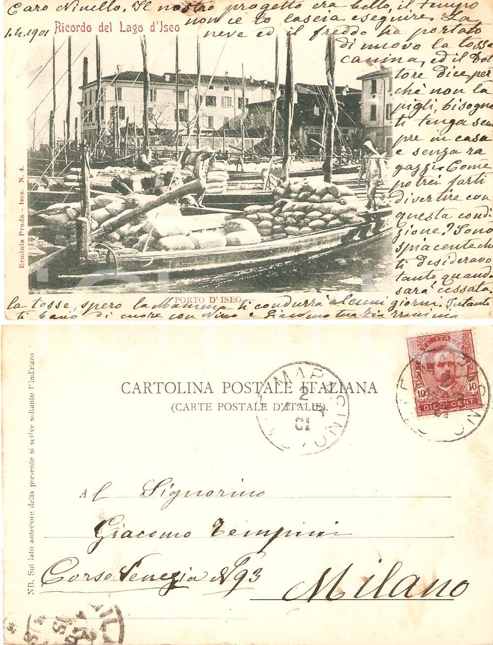 Autografo originale 1901 Lago d ISEO BS Il porto Cartolina zia Erminia a Giacomo TEMPINI 1