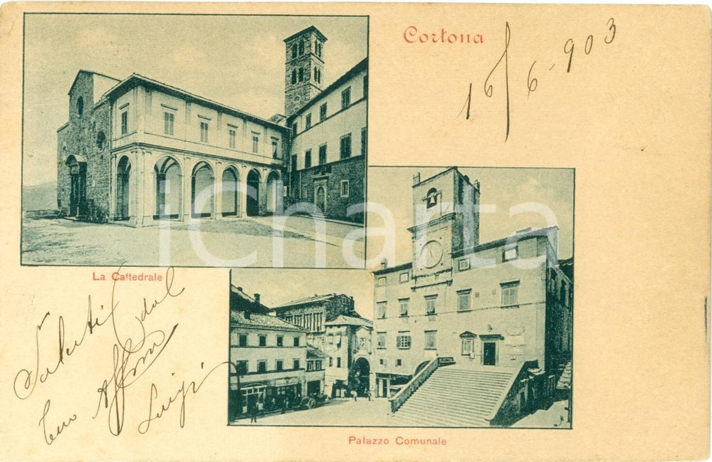 Cartolina originale da collezione 1903 CORTONA AR Vedutine Cattedrale Palazzo Comunale Cartolina FP VG 1