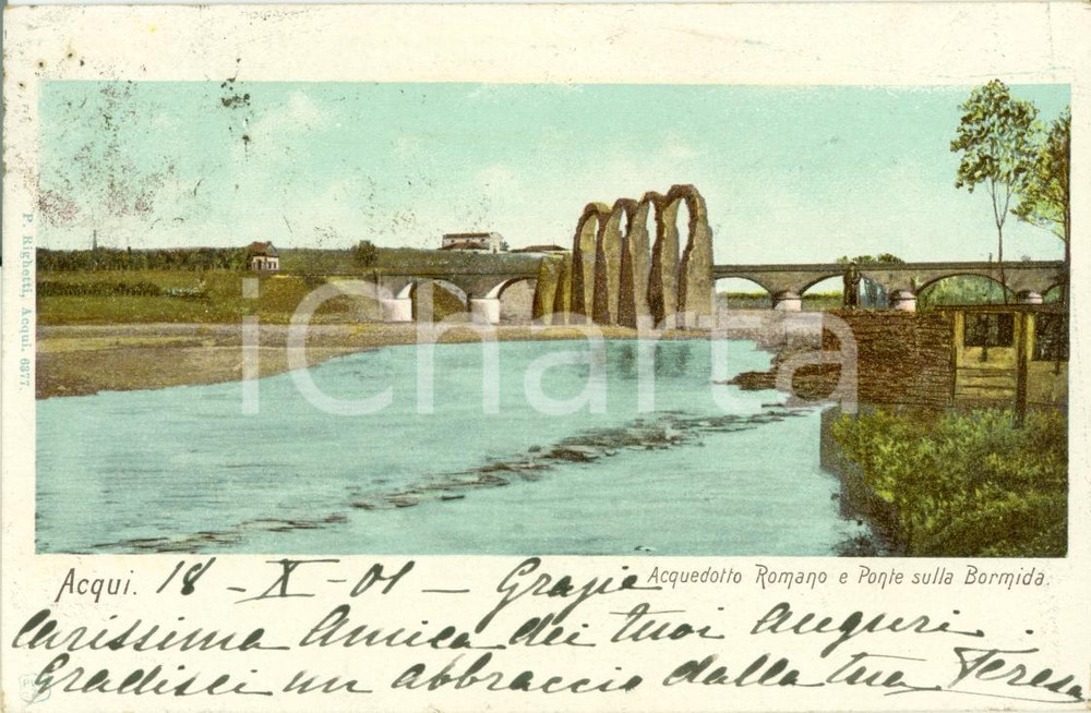 Cartolina originale da collezione 1901 ACQUI TERME AL Acquedotto romano e ponte sul BORMIDA Cartolina FP VG 1