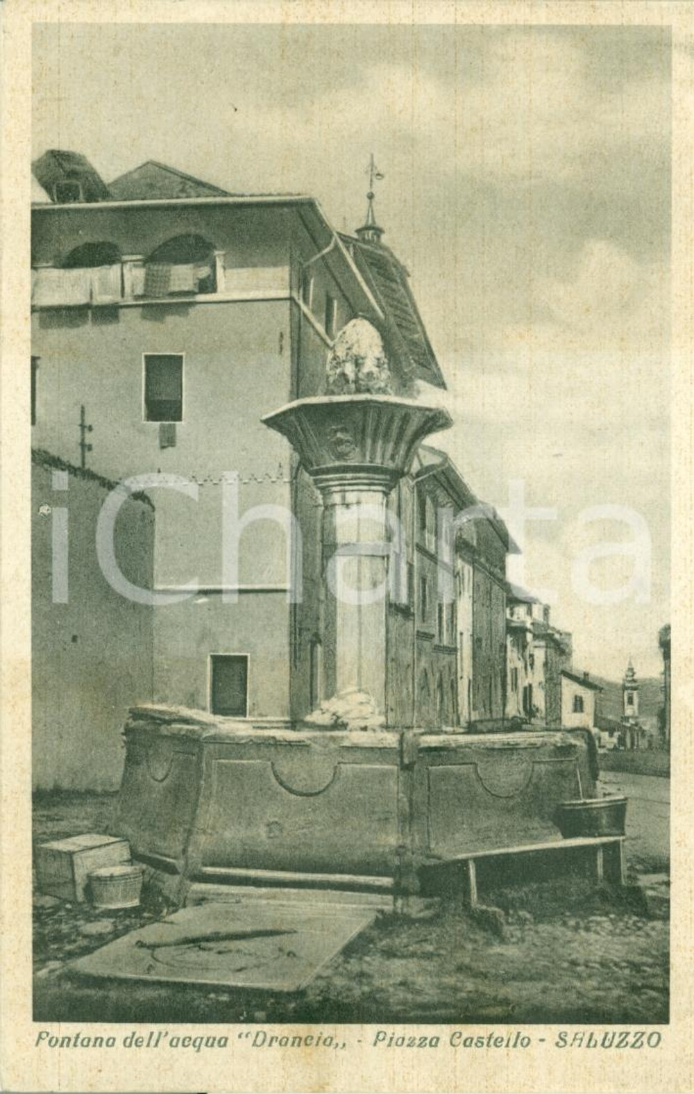 Cartolina originale da collezione 1940 ca SALUZZO CN Fontana acqua DRANCIA piazza CASTELLO Cartolina FP NV 1