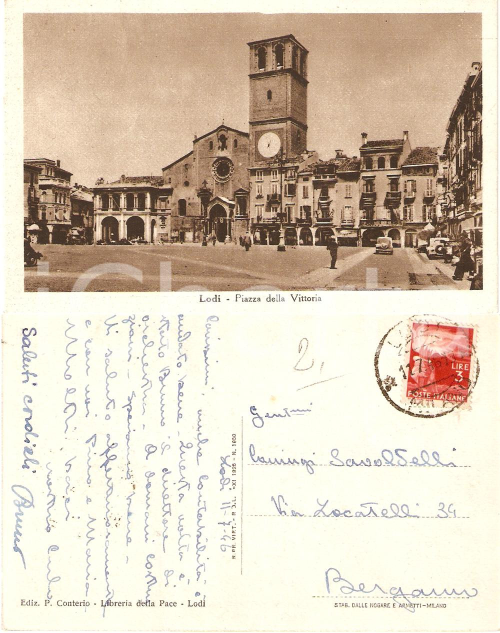 Autografo originale 1946 LODI Piazza della Vittoria Autografo Bruno SAVOLDELLI Cartolina FP VG 1