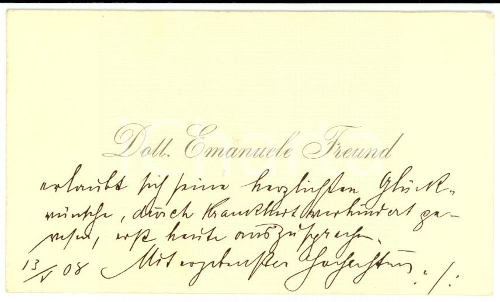 Oggetto da collezione cartaceo 1908 Trieste EMANUELE FREUND Dermatologo  biglietto autografo 1