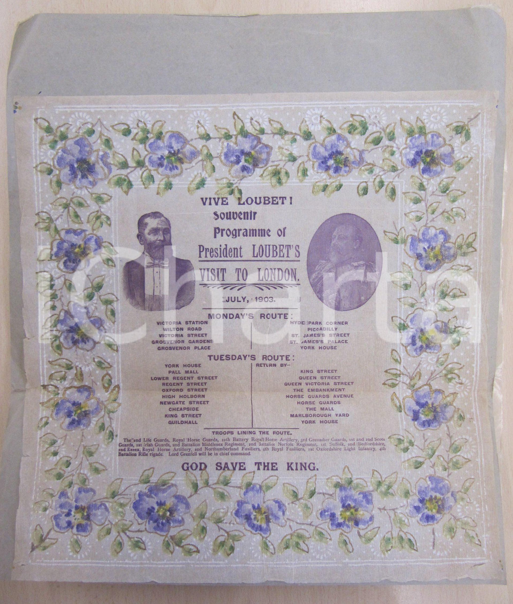 Documento originale, autentico 1903 LONDON UK Programma visita Pres. Emile LOUBET velina decorata RARISSIMA 1