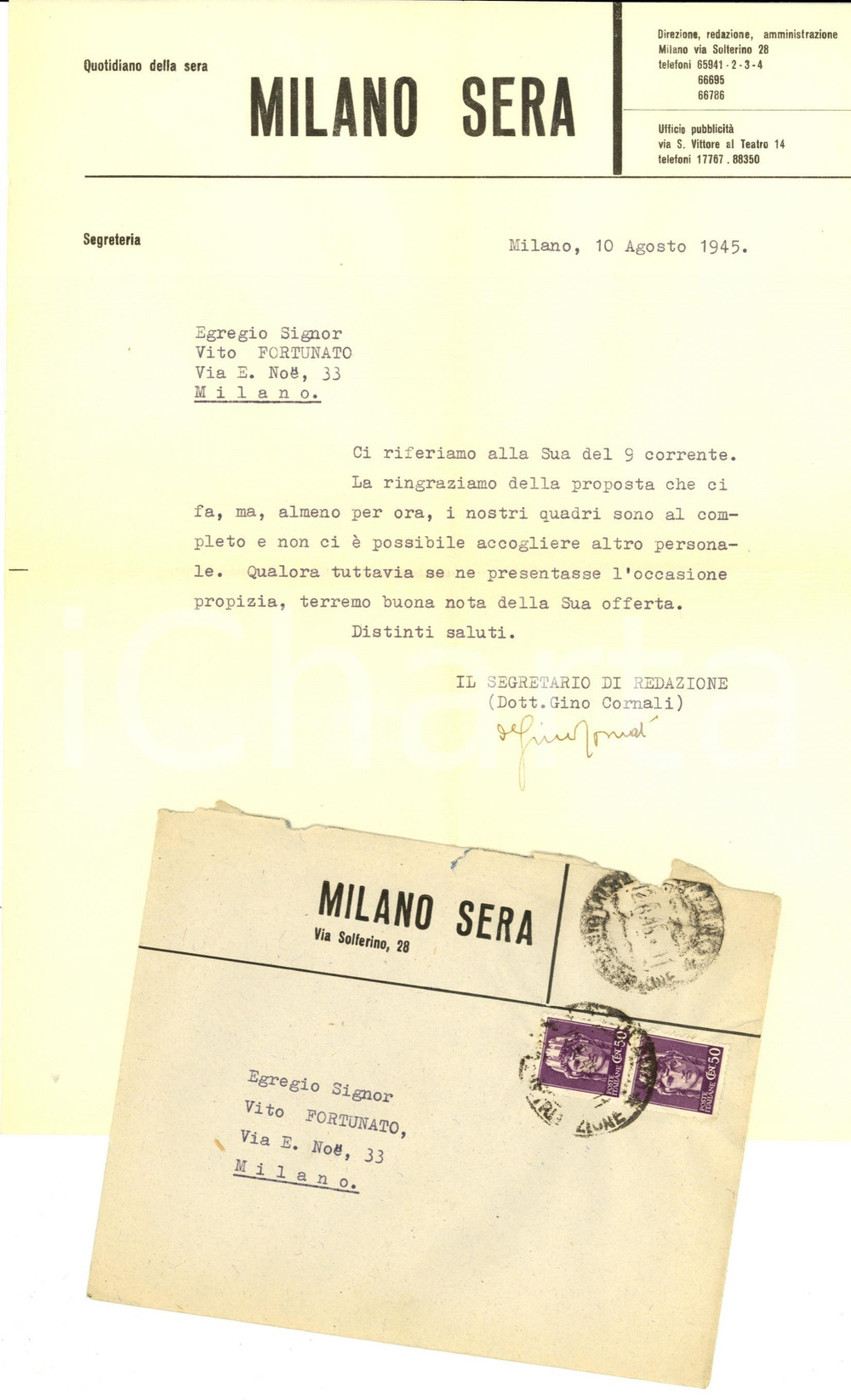 Autografo originale 1945 Quotidiano MILANO SERA Autografo GINO CORNALI con busta 1