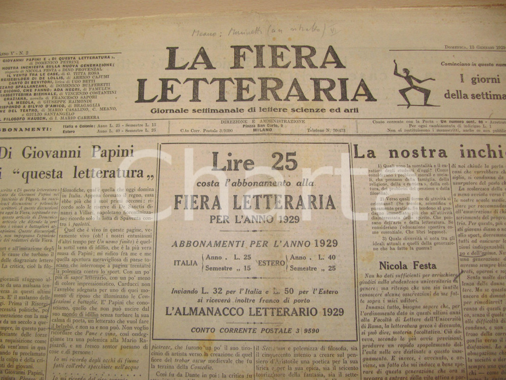 Giornale, rivista storica 1929 LA FIERA LETTERARIA Domenico PETRINI risponde a Giovanni PAPINI letteratura 1
