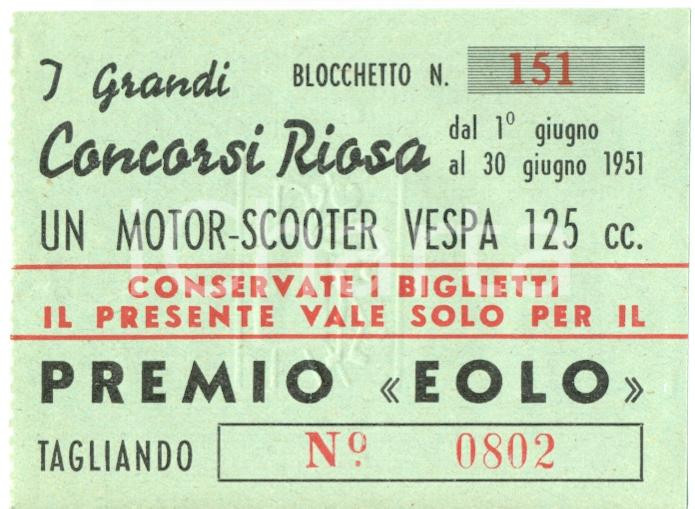 Oggetto da collezione cartaceo 1951 TRIESTE Birreria RIOSA Concorso EOLO VESPA 125 cc. biglietto 1