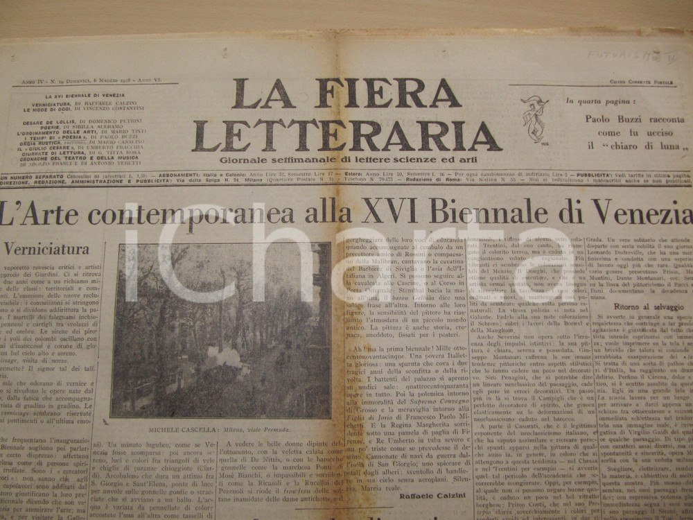 Giornale, rivista storica 1928 FIERA LETTERARIA Paolo BUZZI Gloriosi tempi POESIA Giornale MARINETTI 1