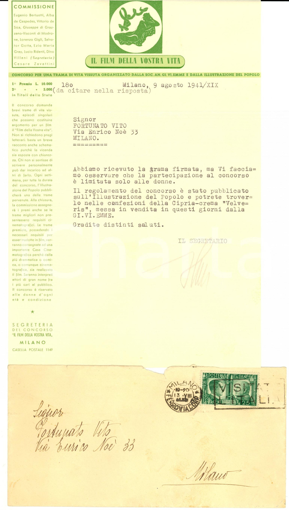 Autografo originale 1941 DINO VILLANI autografo CONCORSO IL FILM DELLA VOSTRA VITA 1