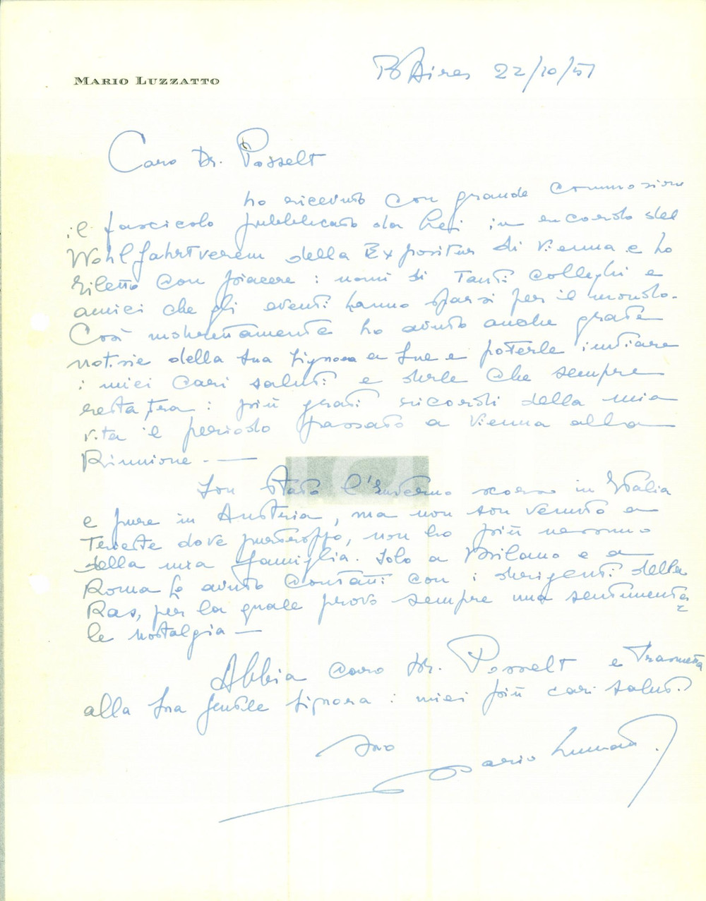 Autografo originale 1951 BUENOS AIRES Mario LUZZATTO nostalgia per la RAS 1